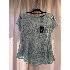 Adrianna Papell Scoop Neck Lace Blouse Size Medium Dusty Mint‎